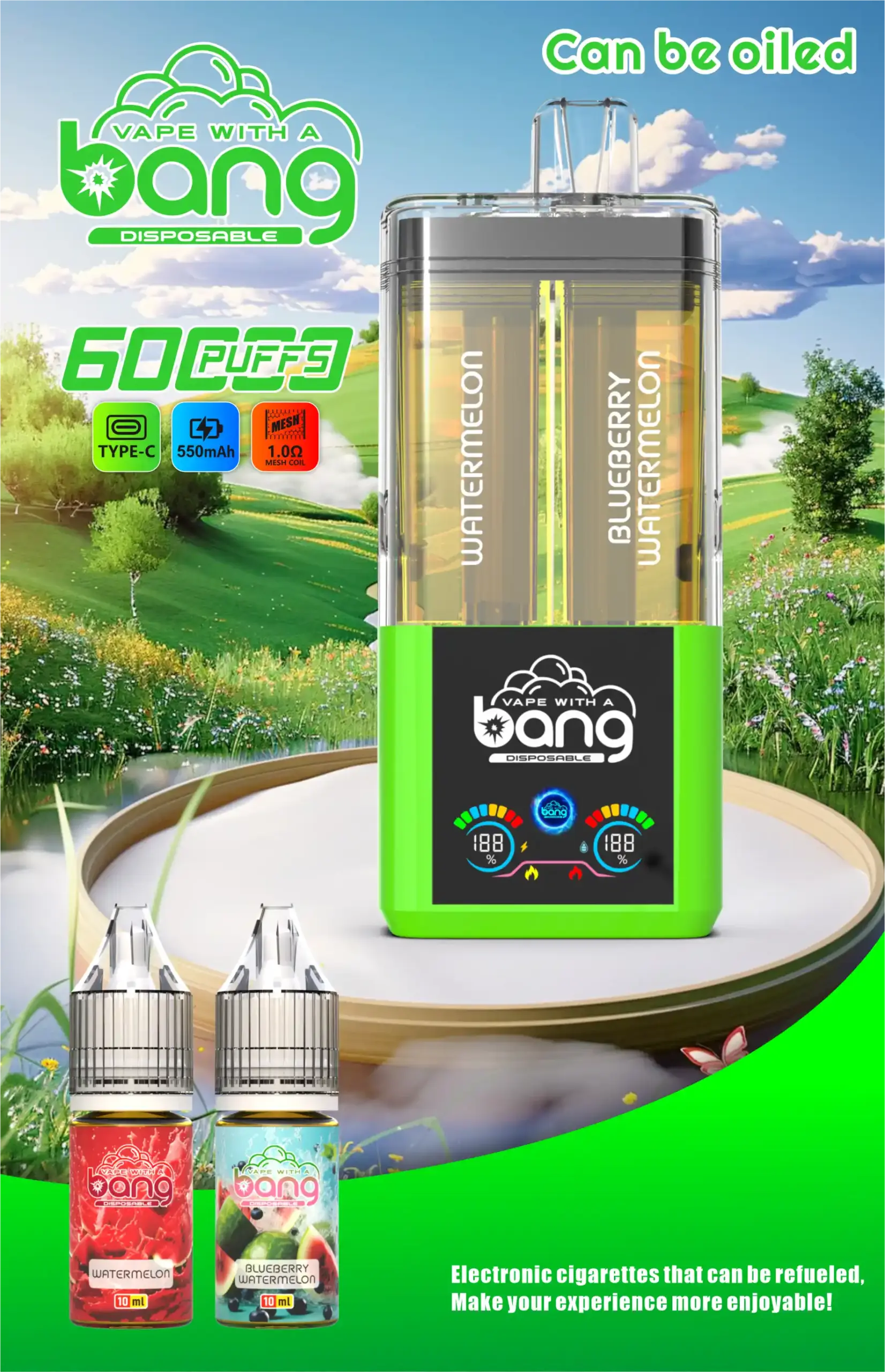 BANG 60000 Züge 2-in-1 Wiederauffüllbare E-Zigarette – Mesh Coil, Type-C, LED Display